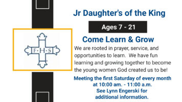 Jr. Daughters of the King – Monthly Meeting the first Saturday of each month 10 a.m. – 11 a.m. Featured Image