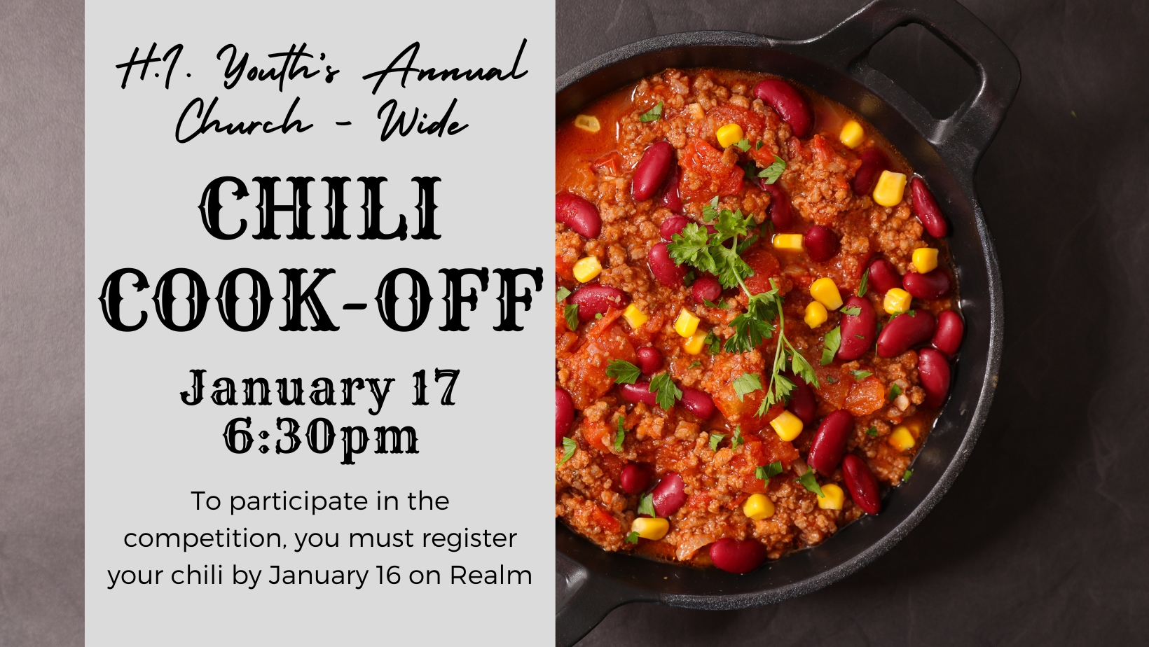 Annual Chili CookOff Wednesday, January 17, 2024, 630 pm 800 pm Holy Innocents' Episcopal